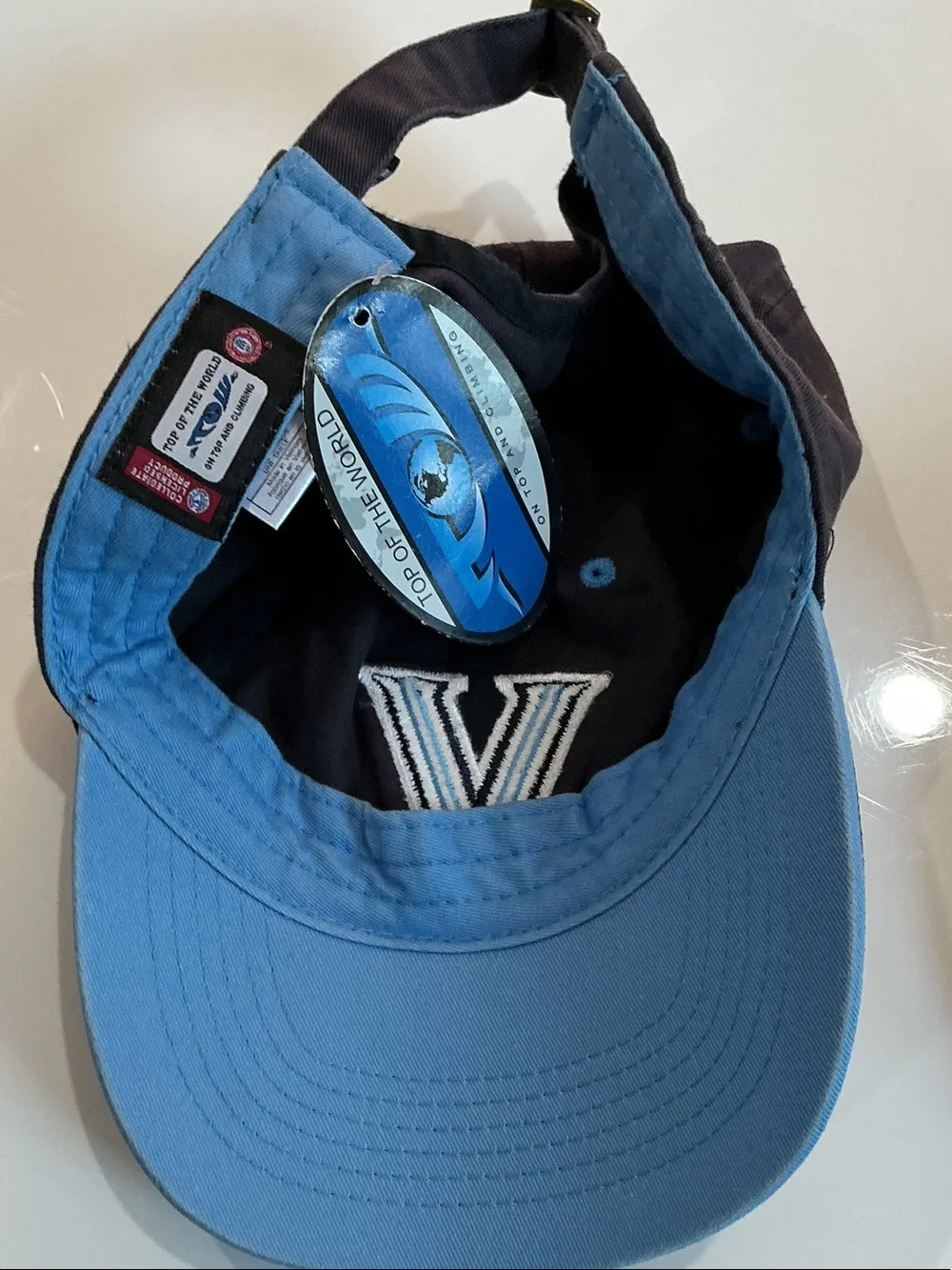 Top of the World Navy Baseball Cap & Visor with Light Blue 'V' Logo. Lot of 2